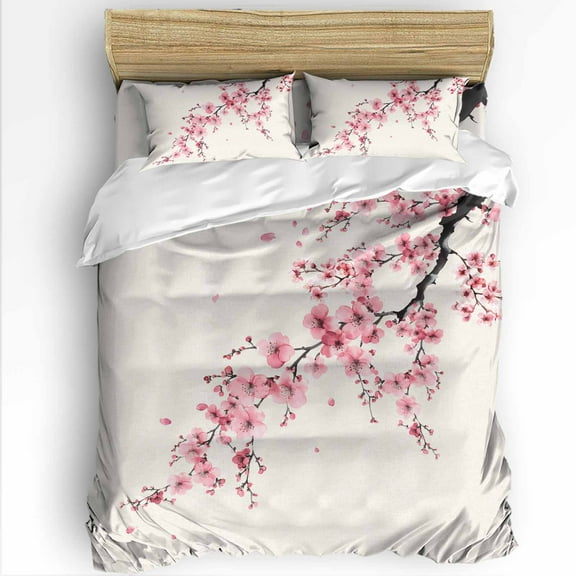 Cherry Blossoms Twin Size Comforter Set, Watercolor Pink Floral Nature Vintage Linen Soft Bedding for All Seasons, 4 Pcs Bed Set with 1 Comforter (68"x86") ,1Sheet(66"x116"), 2 Pillowcases (19"x29")