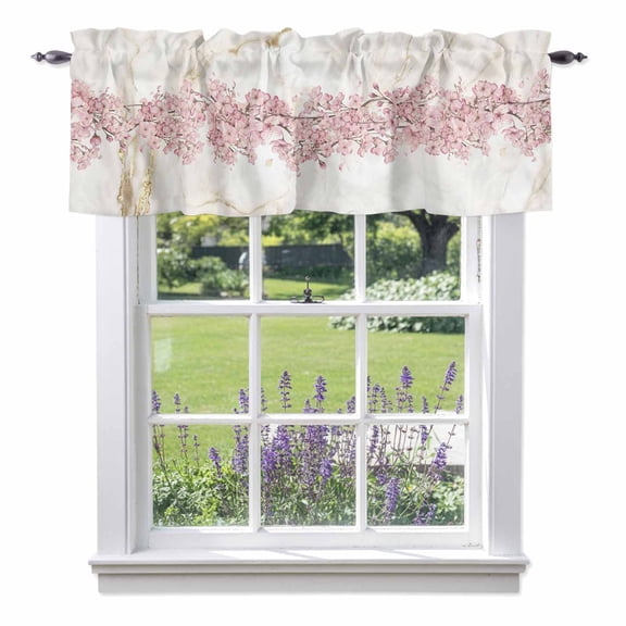 Cherry Blossoms Valance Curtain Spring Pink Watercolor Floral Marble Texture Window Valances Rod Pocket Short Curtains Window Treatments for Kitchen Bedroom Bathroom Laundry 60" x 14"