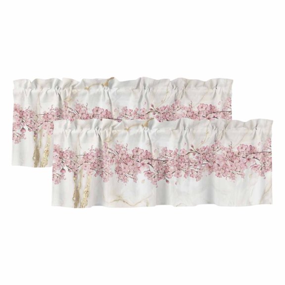 Cherry Blossoms Valances for Window 2 Pack, Spring Pink Watercolor Floral Marble Texture Rod Pocket Curtains Valances Light Filtering Short Curtains for Kitchen Bedroom Bathroom 42 x 12 Inch