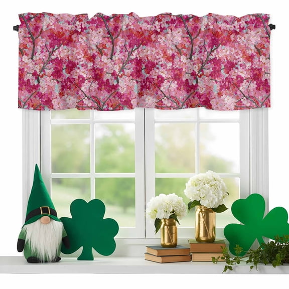 Cherry Blossoms Valances for Windows, Modern Abstract Art Pink Cherry Branch Oil Painting Rod Pocket Valance Short Window Treatments Curtains for Kitchen Bathroom Bedroom Decor, 42 x 12 Inches