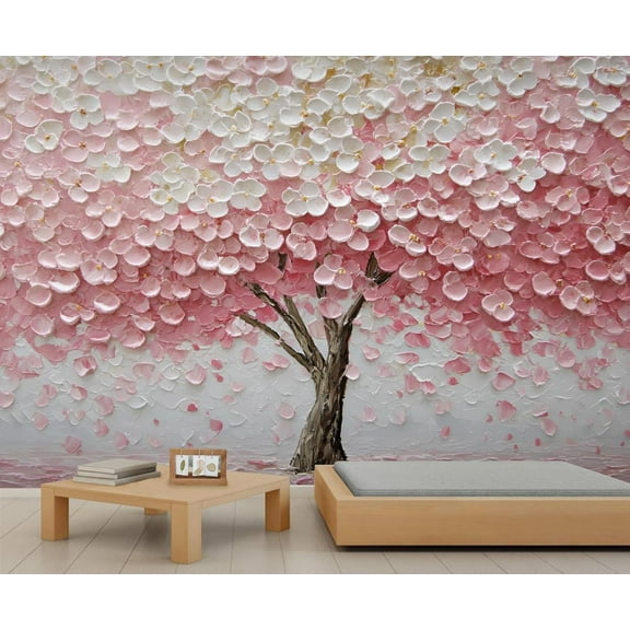 Cherry Blossoms Wall Mural, Pink White Cherry Blossoms Murals For Living Room, Creative Tree Large Wallpaper, Girls Room Hd Photo, Floral Home Decor & Gift 55"W x 28"H (Not Peel and Stick)