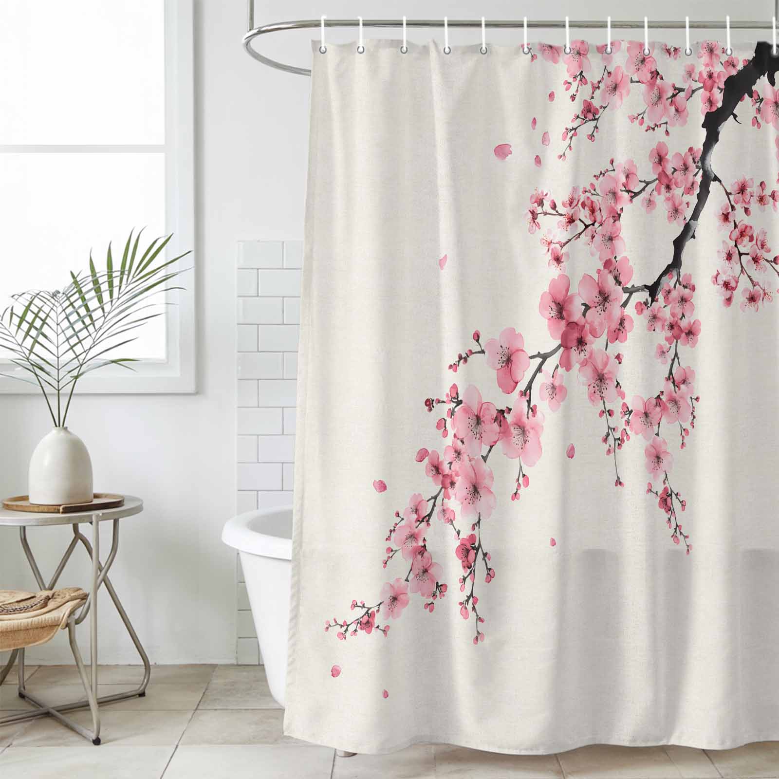 Cherry Blossoms Waterproof Fabric Shower Curtain,Pink Flower Floral
