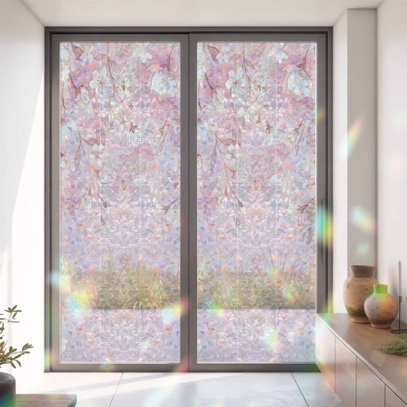 Cherry Blossoms Window Privacy Film Japanese Gradient White Pink Floral Pink Static Cling Stained Glass Window Film Non-Adhesive Decorative Decals Rainbow Sticker 35.4"X78.7"