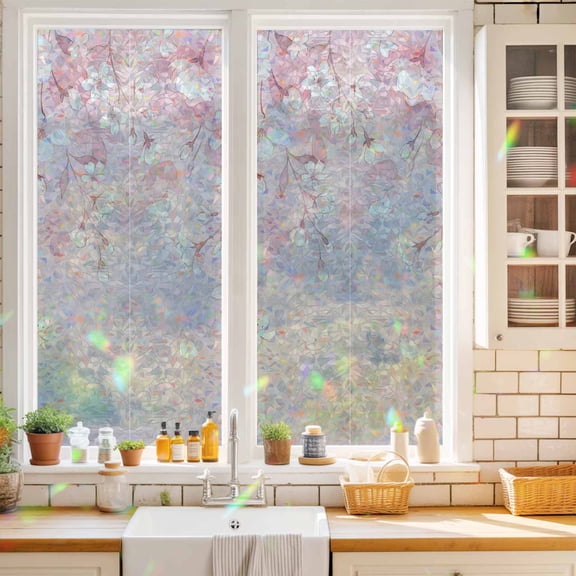 Cherry Blossoms Window Privacy Film Japanese Gradient White Pink Floral Pink Static Cling Stained Glass Window Film Non-Adhesive Decorative Decals Rainbow Sticker 17.7"X39.3"