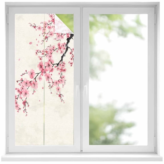 Cherry Blossoms Window Privacy Film, Pink Flower Floral Spring Nature Country Static Cling UV Sun Blocking Heat Control Window Tint, Non-Adhesive One Way Windows Privacy Cover 17.7''x39.3''