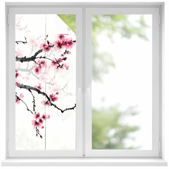 Cherry Blossoms Window Privacy Film, Pink Pastoral Modern Gradient Spring Static Cling UV Sun Blocking Heat Control Window Tint Day and Night, Non-Adhesive One Way Windows Privacy Cover 17.7''x39.3''