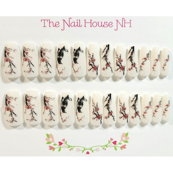 Cherry Blossoms With Birds Asian Art Matte Short Coffin Press-On Nails - 24 Pieces - Artificial Nail Kit