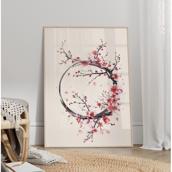 Cherry Blossoms Zen Circle Japanese Minimalist Sakura Sakura Ring Art, Unframed Poster