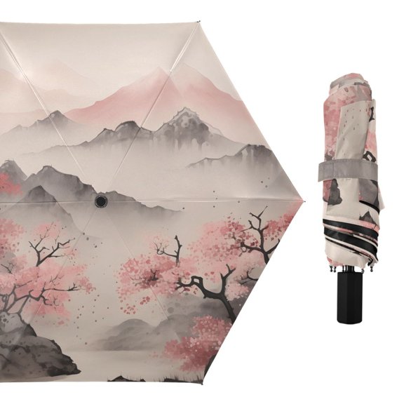 Cherry Blossoms and Mountains Compact Sun Umbrella Windproof Travel Umbrellas for Rain Strong Portable UV Protection