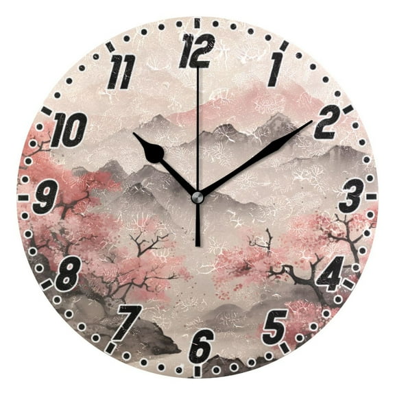 Cherry Blossoms and Mountains Wall Clock 9.8 inch Battery Operated Clocks Non-Ticking Silent for Bedroom Office Kitchen Living Room