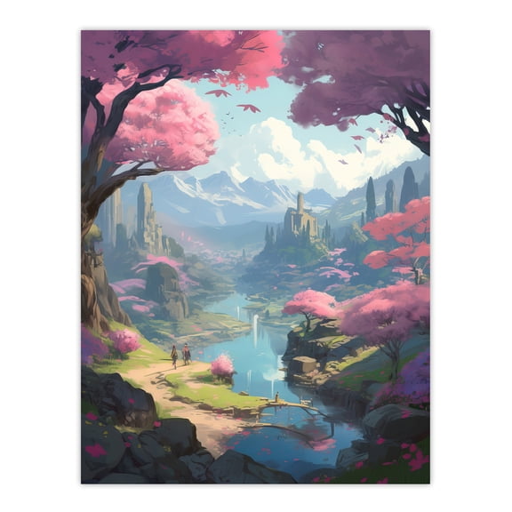 Cherry Blossoms by River Bright Painting Springtime Blooming Pink Trees in Coastal Fishing Village Landscape Extra Large XL Wall Art Poster Print