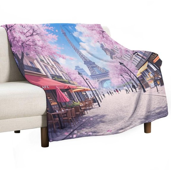 Cherry Blossoms in Paris-2 Blanket for Bed Throw Blanket for Women, Men Super Soft Plush Blanket Throw, Print Blanket