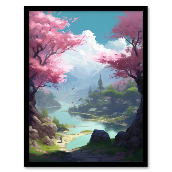 Cherry Blossoms in Springtime Painting Blooming Pink Trees in Tranquil Forest Lake Landscape Artwork Framed Wall Art Print A4
