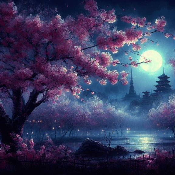 Cherry Blossoms in The Moonlight Digital Painting - 12" x 18" Art Print Wall Decor