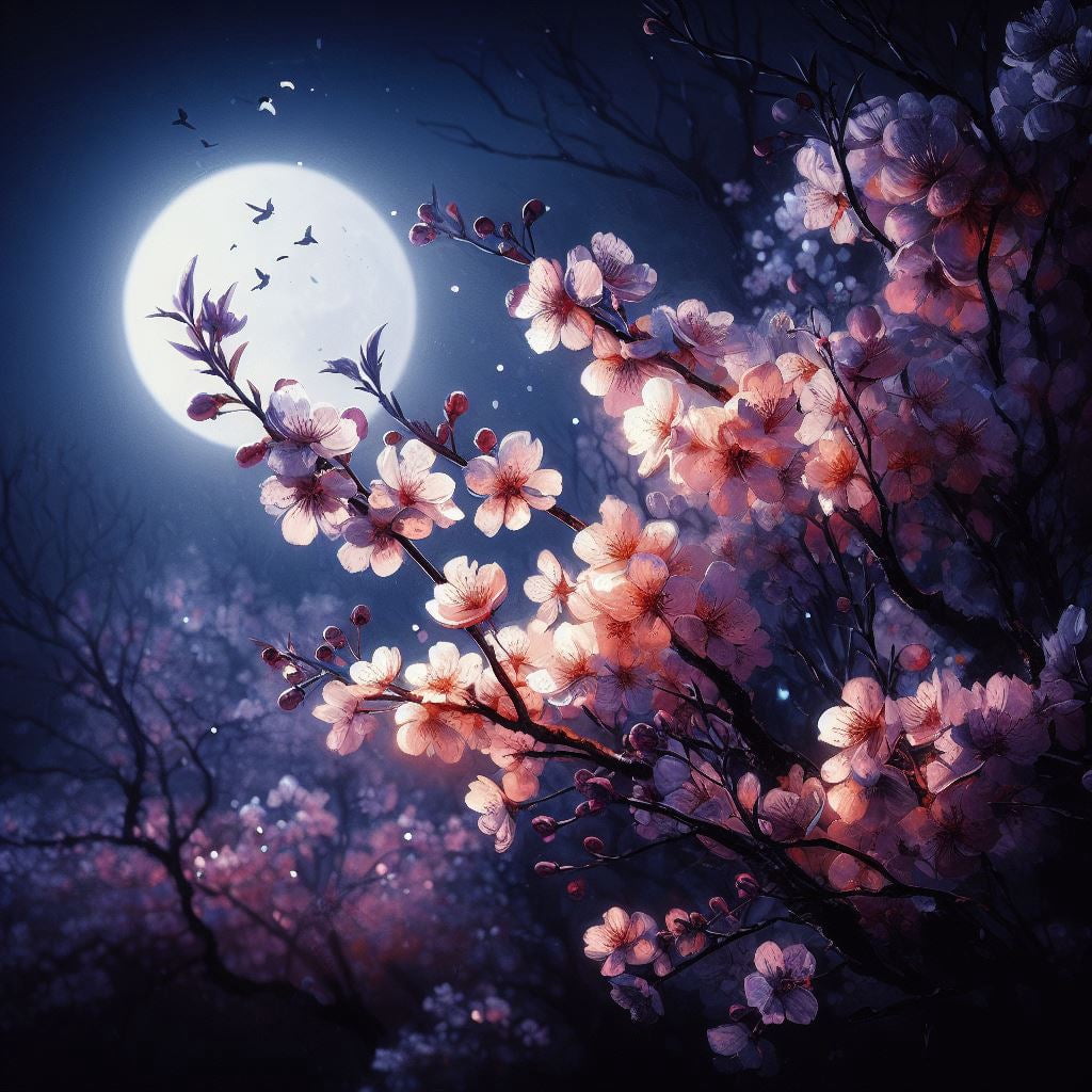 Cherry Blossoms in The Moonlight Digital Painting II - 12" x 18" Art ...