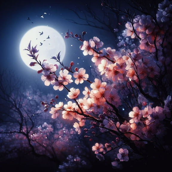 Cherry Blossoms in The Moonlight Digital Painting II - 12" x 18" Art Print Wall Decor