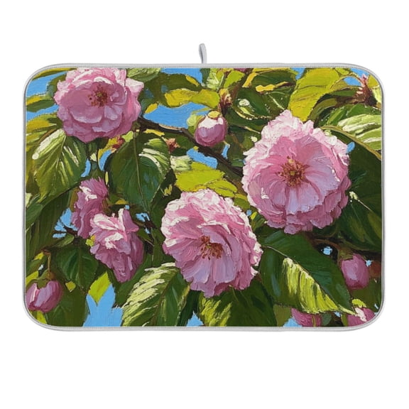 Cherry Blossoms on Branches Dish Drying Mat 16x18 Absorbent Microfiber Draining Rack Pad for Kitchen Counter Sink