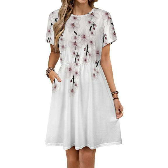 Cherry Blossoms with Falling Flowers Dress Fashion Beach Short Sleeve Dresses Female Party Printed Sundress