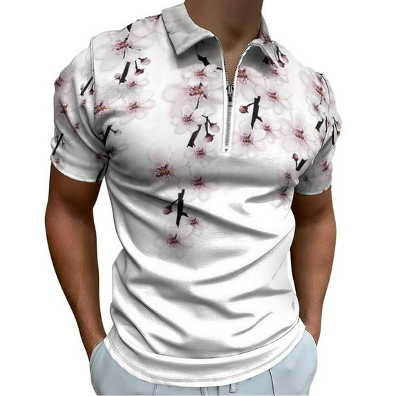 Cherry Blossoms with Falling Flowers Men Zipper T-shirt Summer Casual Short Sleeve T-shirt Top