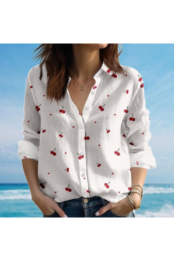 Cherry Blouse , Minimalist Fruit Women Shirt, Cute Summer Long Sleeve Shirt, Cottagecore Cusual Shirt, Button Down Shirt For Vacation, Gift For Her