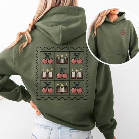 Cherry Books Stamp Hoodie Cottagecore Bookish Retro Chest Patch Cozy Reading Unisex Winter Gift
