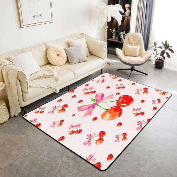 Cherry Bow Area Rug Watercolor Red Cherry Fruits Non Slip Rug for Girls Teens Adults Girly Princess Style Bowknot Dreamy Indoor Floor Mat for Bedroom Couch 3''x5''