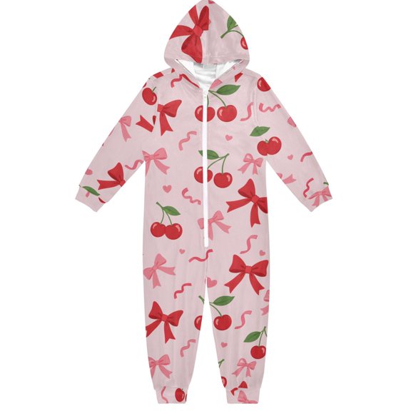 Cherry Bow Boys & Girls Hooded One-Piece Pajamas Warm Crystal velvet Hooded Long Sleeve Loungewear Jumpsuit Unisex