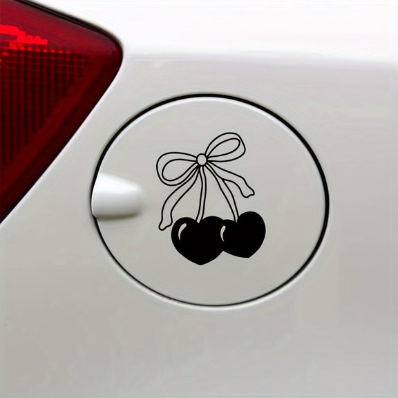 Cherry Bow Car Decal - Vinyl Gas Cap Window Sticker, Cartoon Fantasy Theme, Self-Adhesive Embroidered Appearance, Single Use, Irregular Shape, for Glass & Smooth Surfaces, Glossy End