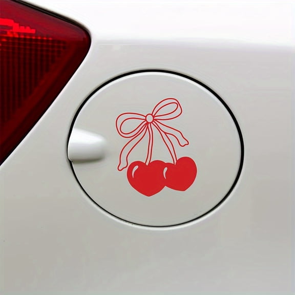 Cherry Bow Car Decal - Vinyl Gas Cap Window Sticker, Cartoon Fantasy Theme, Self-Adhesive Embroidered Appearance, Single Use, Irregular Shape, for Glass & Smooth Surfaces, Glossy End