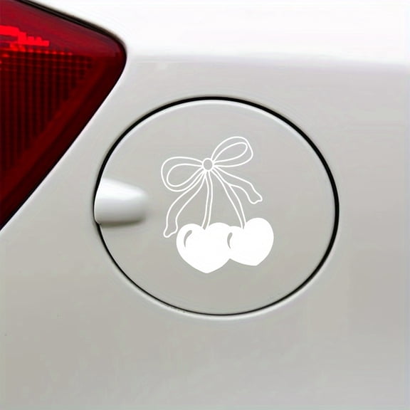 Cherry Bow Car Decal - Vinyl Gas Cap Window Sticker, Cartoon Fantasy Theme, Self-Adhesive Embroidered Appearance, Single Use, Irregular Shape, for Glass & Smooth Surfaces, Glossy End