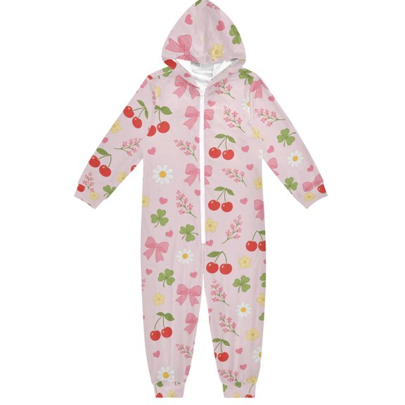 Cherry Bow Clover Boys & Girls Hooded One-Piece Pajamas Warm Crystal velvet Hooded Long Sleeve Loungewear Jumpsuit Unisex