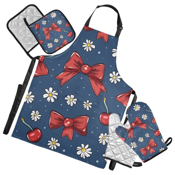 Cherry Bow Daisy 5 Pcs Kitchen Set Heat Resistant Oven Mitts and Non-Slip Pot Holders with Adjustable Cooking Apron