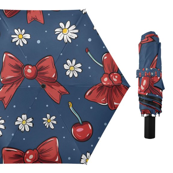 Cherry Bow Daisy Compact Sun Umbrella Windproof Travel Umbrellas for Rain Strong Portable UV Protection