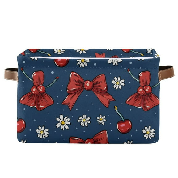 Cherry Bow Daisy Storage Bins with Handle Fabric Organizer Basket Foldable Box 1 Pack 14.2x10.2x8.3