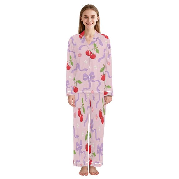 Cherry Bow Flower Womens lapel Pajama Set Homewear with Pockets, all seasons, 2-Piece, Sizes S to 2XL