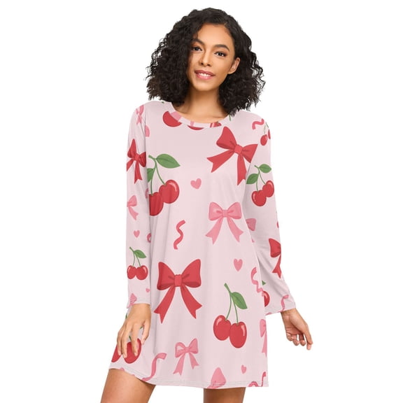 Cherry Bow Nightgowns for Women Soft Sleepwear Long Sleeves Ladies Sleepshirt Nightdress