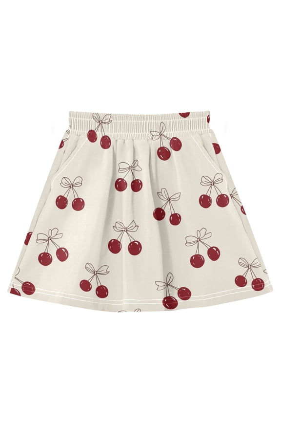 Cherry Bow Pattern Cotton Skirt Built-in Liner Elastic A-Line Flared Skirt with Pockets