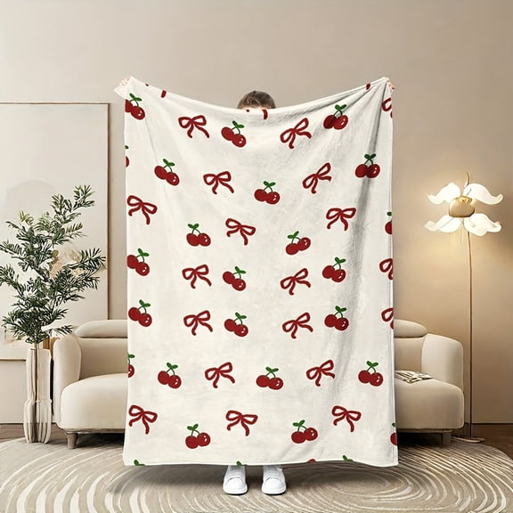 Cherry Bow Pattern Printed Blanket, Soft Sofa Throw, TV Blanket, Cozy Warm Nap Blanket for Sofa Beds And Camping Trips, a Versatile Gift Blanket Suitable for All Seasons