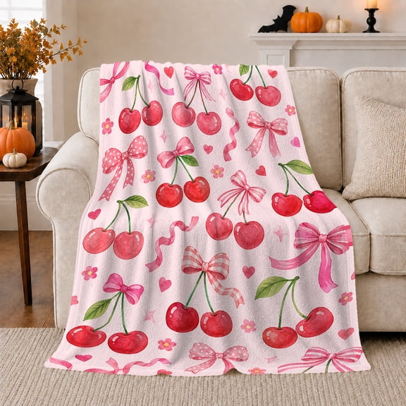 Cherry Bow Pattern with Red Fruit, Pink Ribbons, Hearts and Flowers, Soft Flannel Blanket, Home Decor for Women and Girls, Bedroom and Living Room, Valentine's Day Gift, Sweet Coquette Art