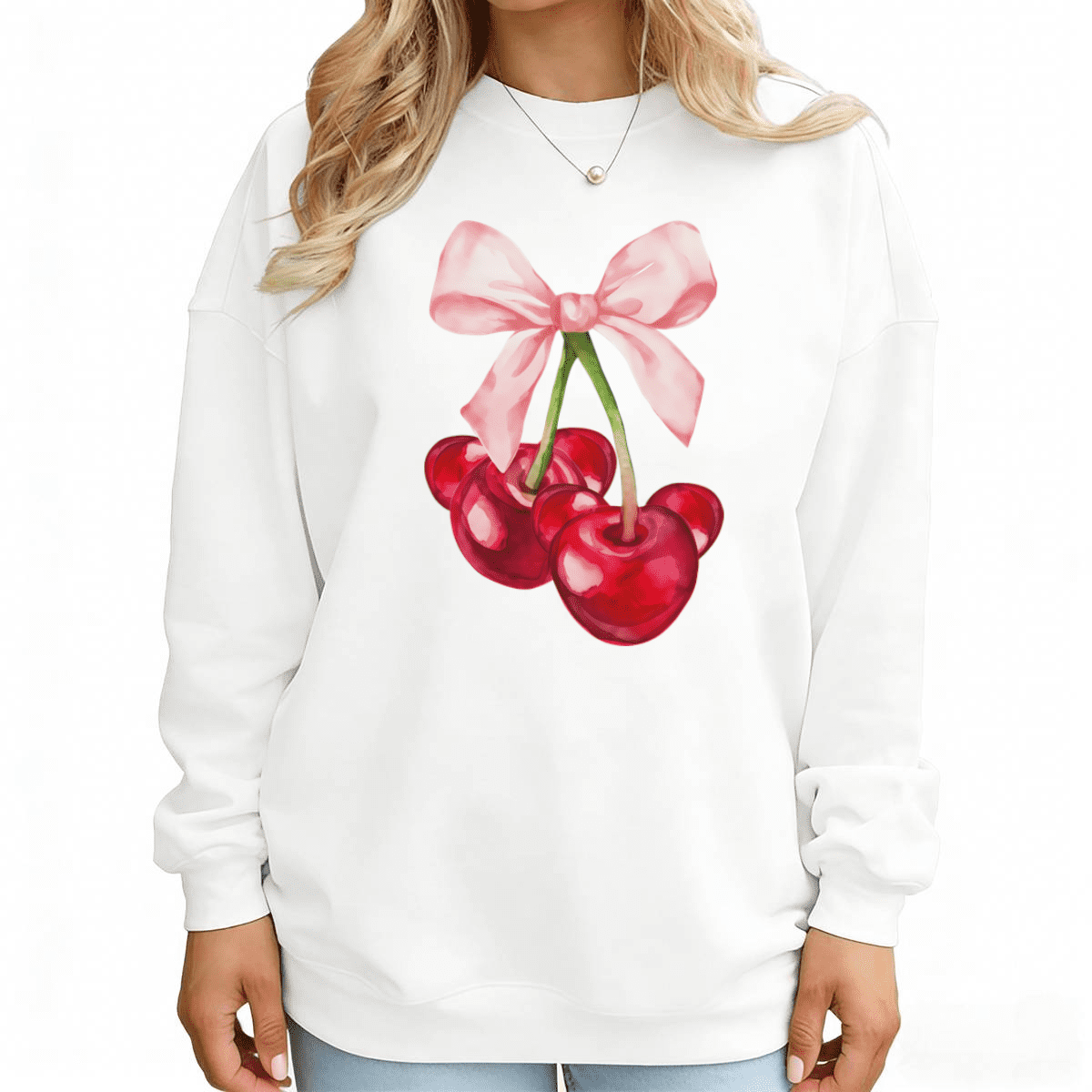 Cherry Bow Print Sweatshirt Graphic Sweatshirt Women Spring Cute Outfit ...