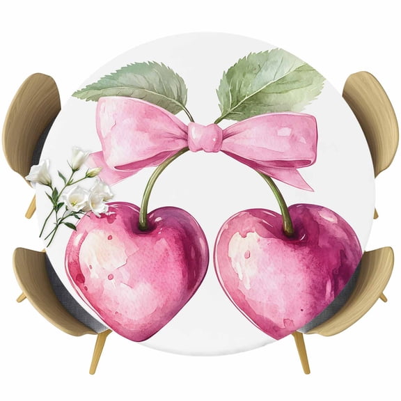 Cherry Bow Round Tablecloth 36-44 Inch Round Fitted Table Cloth with Elastic Edge, Spring Fruit Painting Plant Leaf Watercolor Waterproof Table Cover Protector for Outdoor Picnic Party Dining