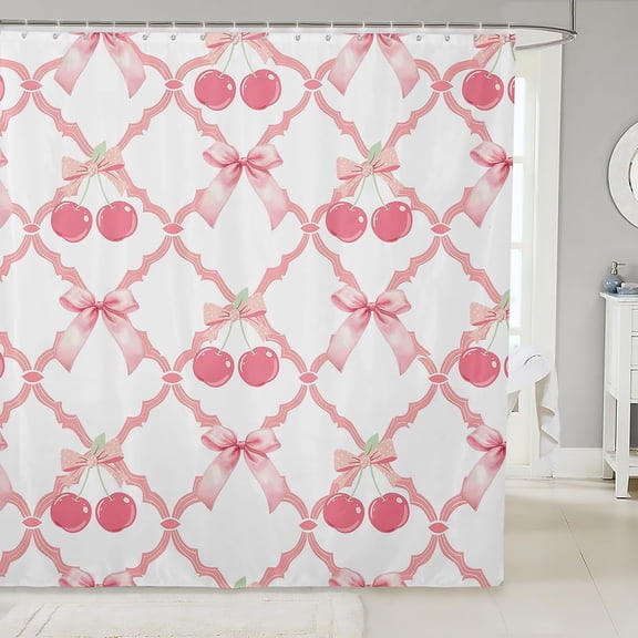 Cherry Bow Shower Curtain with Hooks,Sweet Tropical Fruits Dreamy Bowknot Pink White Bath Curtain,Fairy Princess Crossed Grids Patchwork Bathroom Accessories Waterproof Panel,72x 84 Inches