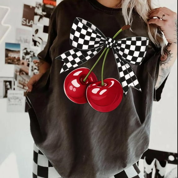 Cherry Bow T-Shirt, Retro Checker Fruit Tee, Cute Girly Aesthetic Shirt, Red Cherry Sublimation Graphic for Summer or Everyday Wear