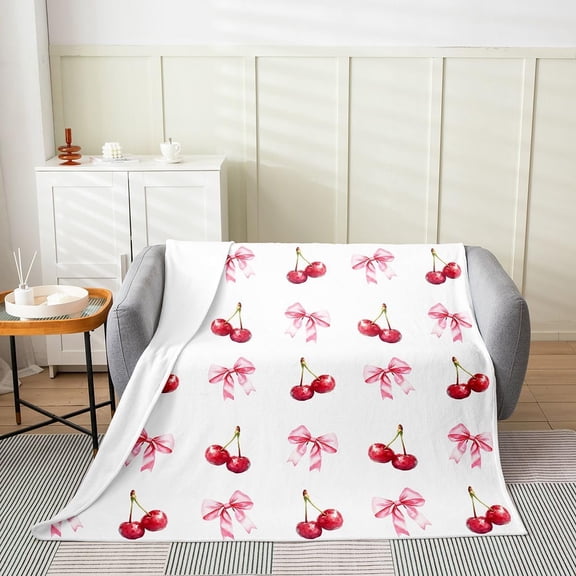 Cherry Bow Throw Blanket for Couch Bed Sofa Soft Fluffy Microfiber Fleece Blanket