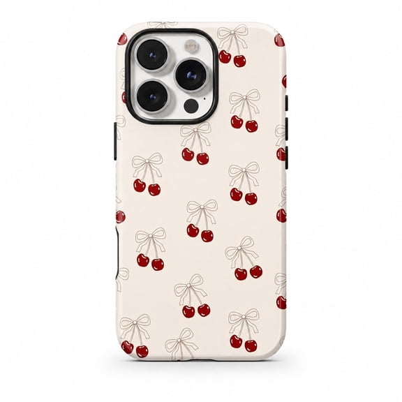 Cherry Bow Tough Phone Case for iPhone 17 16 15 14 13 12 11, Cream Red Coquette Retro Dual-Layer Cover