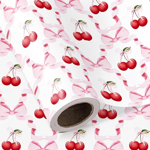 Cherry Bow Wrapping Paper Roll - Mini Roll - 17 Inch x 16.5 Feet - Coquette Cherry Bow Wrapping Paper Perfect for Girl Birthday, Valentine's Day, Bachelorette