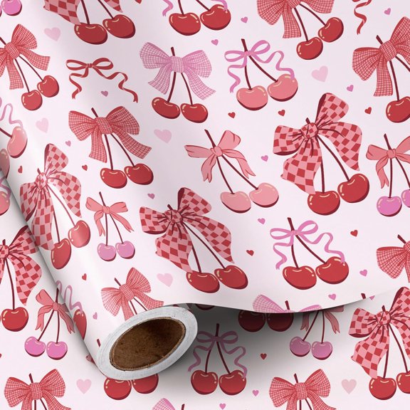 Cherry Bow Wrapping Paper Roll, Valentine Gift Wrap, Pink and Red Wrap Paper for Girl Birthday, Valentine's Day, Bachelorette, Galentines, 17 Inch x 16.4 Feet