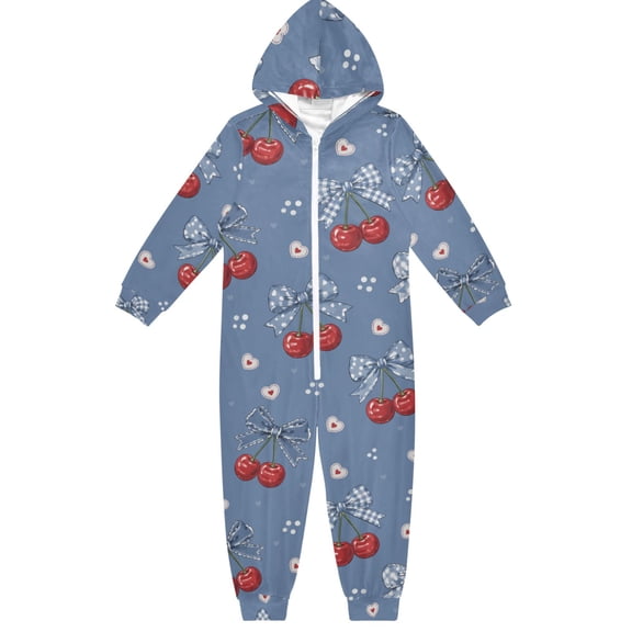Cherry Bowknot Boys & Girls Hooded One-Piece Pajamas Warm Crystal velvet Hooded Long Sleeve Loungewear Jumpsuit Unisex
