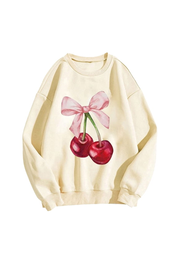 Cherry Bowknot Sweatshirt for Women Cute Oversized Crewneck Pullover Top Juniors Long Sleeve Shirts
