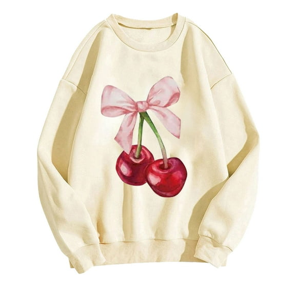 Cherry Bowknot Sweatshirt for Women Cute Oversized Crewneck Pullover Top Juniors Long Sleeve Shirts